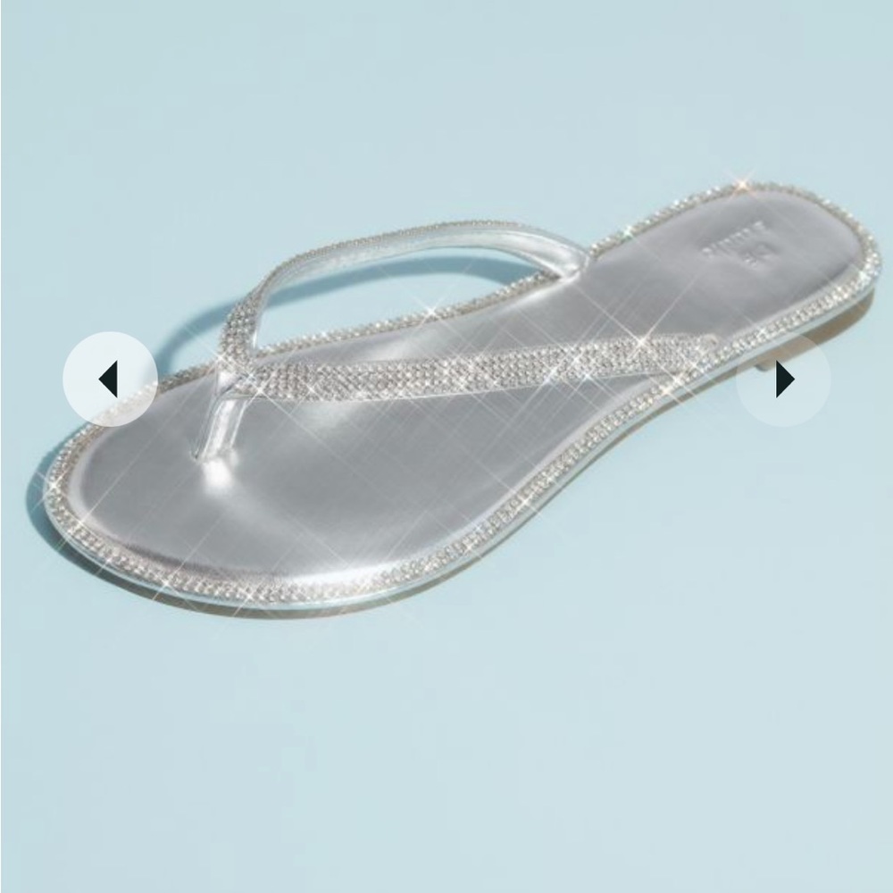 Metallic thong sandals with pave crystal trim, size 7 (fits like a 6)